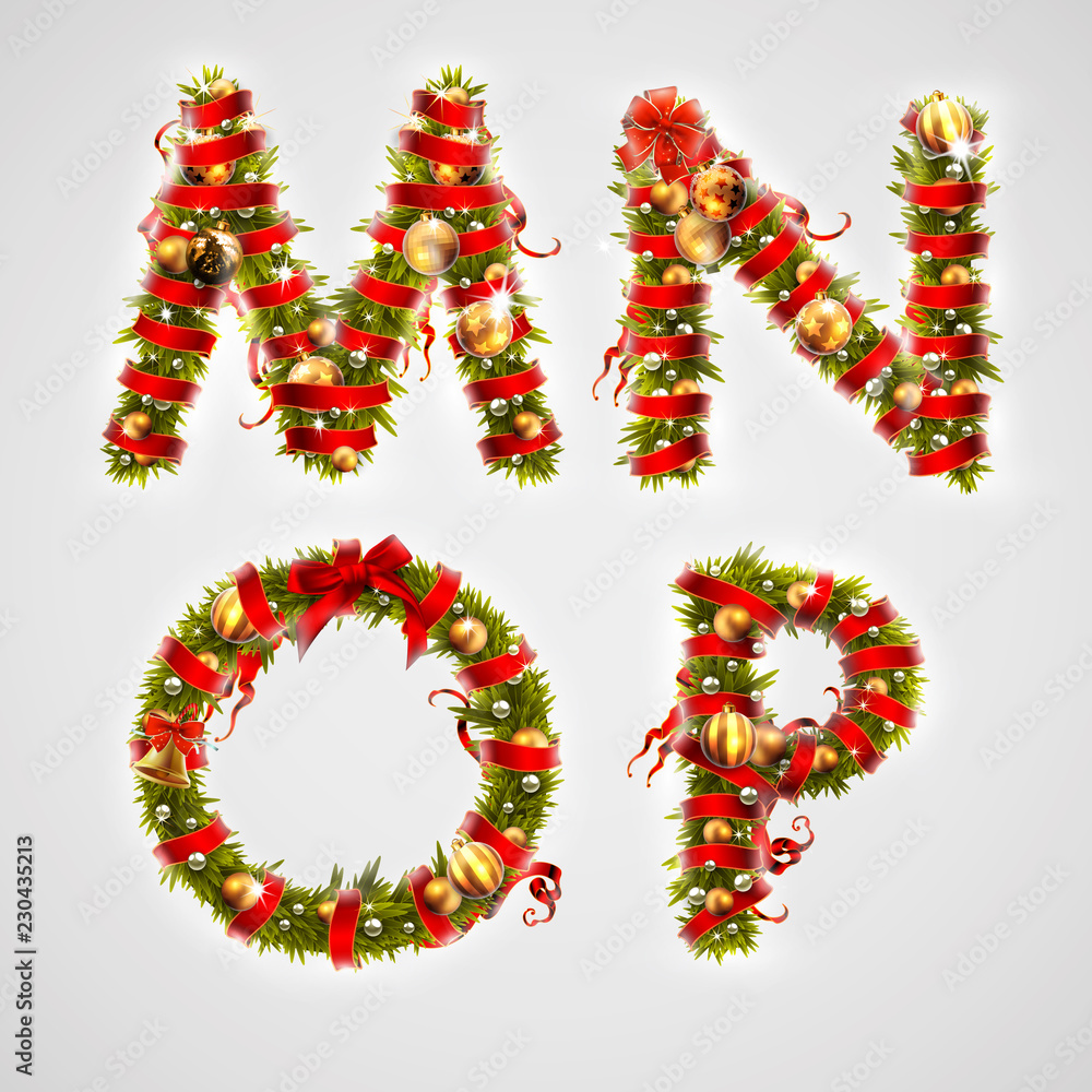 Christmas font. Four letters  MNOP of Christmas tree branches, decorated with a red ribbon and golden balls. Highly realistic illustration