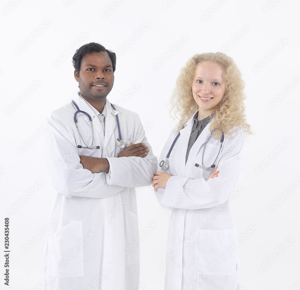 Full body portrait of two happy smiling young medical people, Full body portrait of two happy smiling young medical people,