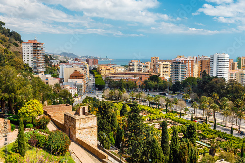 Panoramic and aerial view of Malaga in a beautiful spring day, Spain