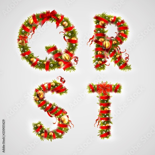 Christmas font. Four letters QRST of Christmas tree branches, decorated with a red ribbon and golden balls. Highly realistic illustration