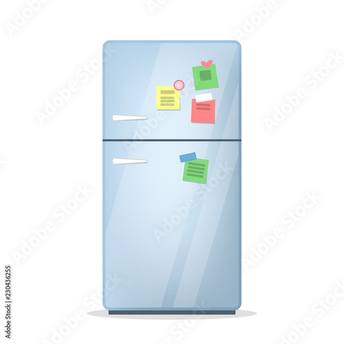 Closed fridge or refrigerator with magnet and sticker