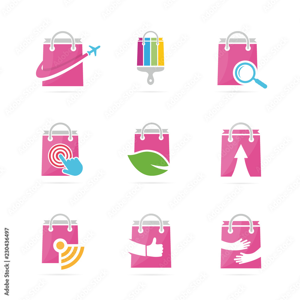 Set of shop logo combination. Deal and retail symbol or icon. Unique sale and bag logotype design template. Set of shop logo combination. Deal and retail symbol or icon. Unique sale and bag logotype design template.