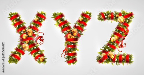 Christmas font. Four letters  XYZ of Christmas tree branches  decorated with a red ribbon and golden balls. Highly realistic illustration