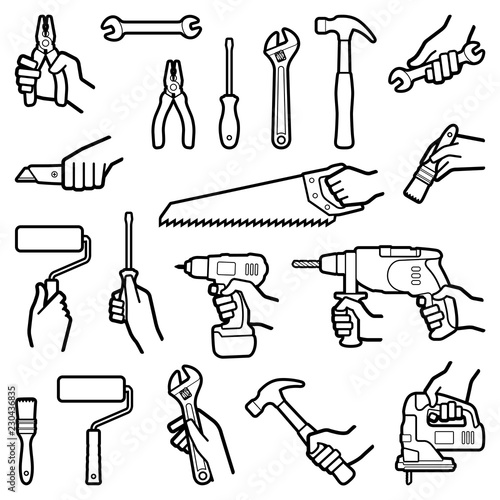 Construction tool with hand icon collection - vector outline illustration