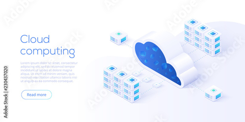 Cloud storage download isometric vector illustration. Digital service or app with data transfering. Online computing technology. 3d servers and datacenter connection network.