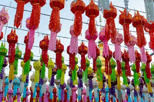 Colorful lanterns hung beautifully in Hariphunchai temple during lantern festival