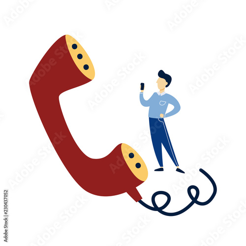 Man standing at a giant handset. Idea of customer service