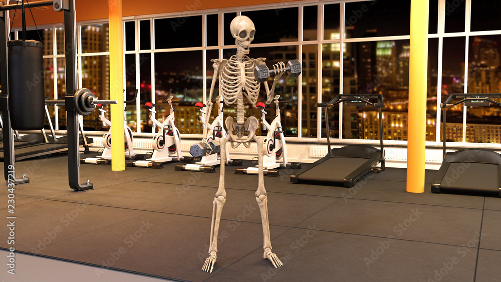 Skeleton in gym working out with dumbbells, human skeleton lifting weights in fitness facility