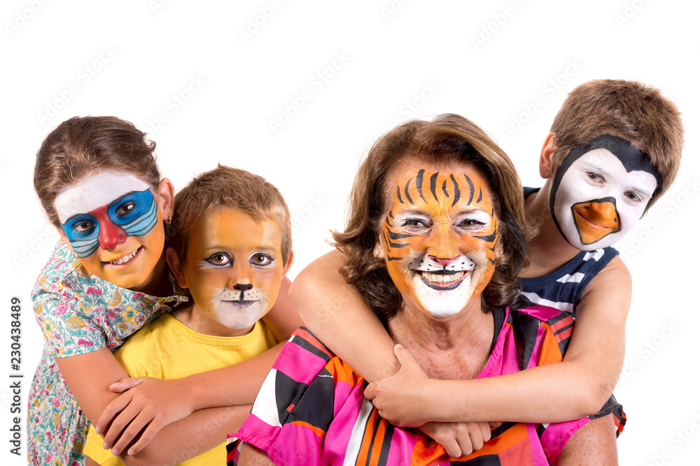 Fototapeta premium Kids and granny with animal face-paint