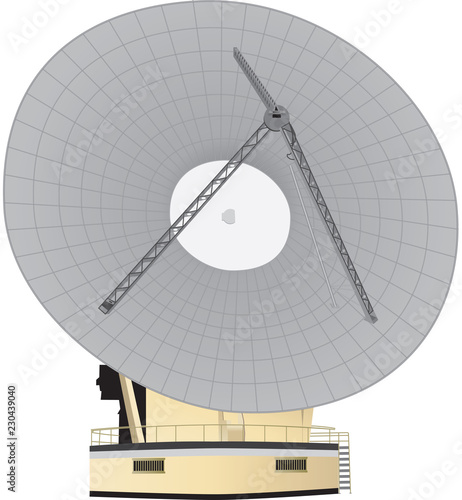 A  Large Parabolic Dish Telecommunications Antenna  for broadcasting and receiving international 
phone calls,spaceship communications,bank transactions
 and television programmes isolated on White
