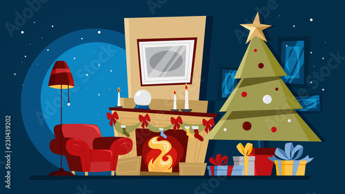 Christmas cozy room with tree and gift boxes.