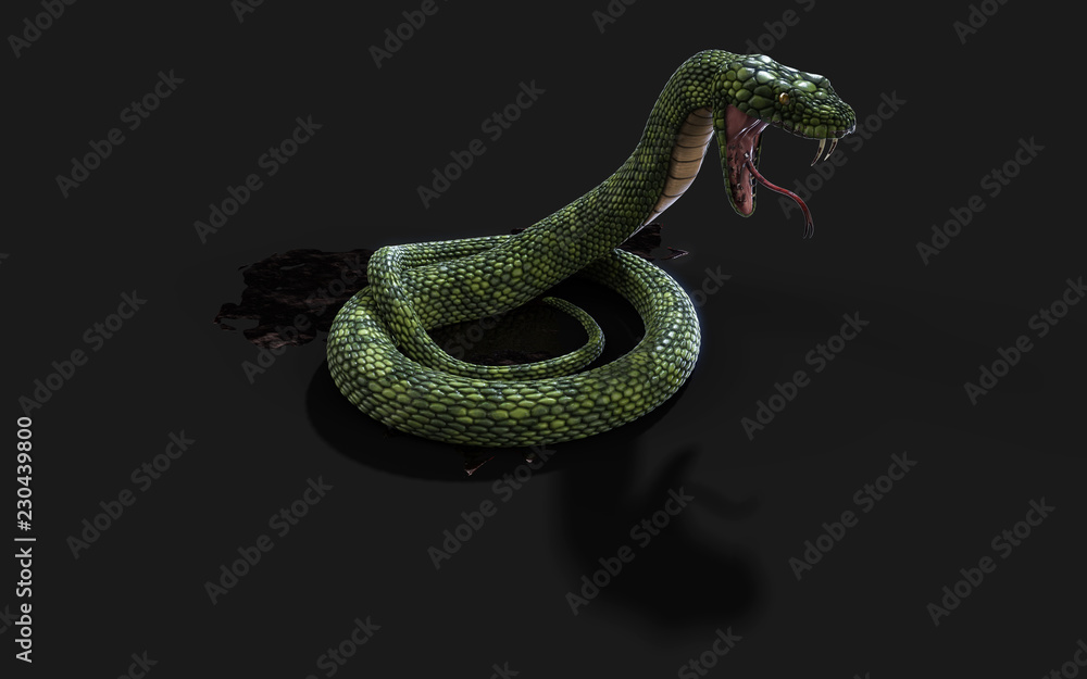 Obraz premium 3d Illustration Green Giant Fantasy Snake na czarnym tle ze ścieżką przycinającą