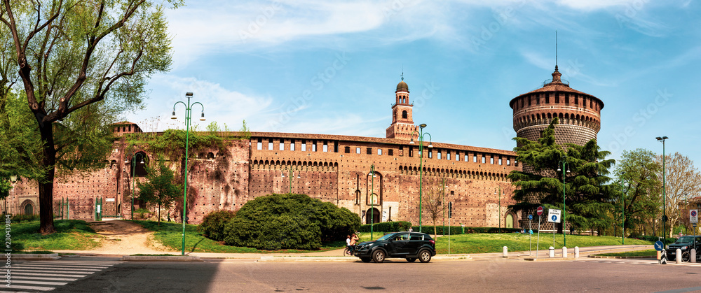 Panorama view of Sforza Castle (Castello Sforzesco) is a castle in Milan, Italy