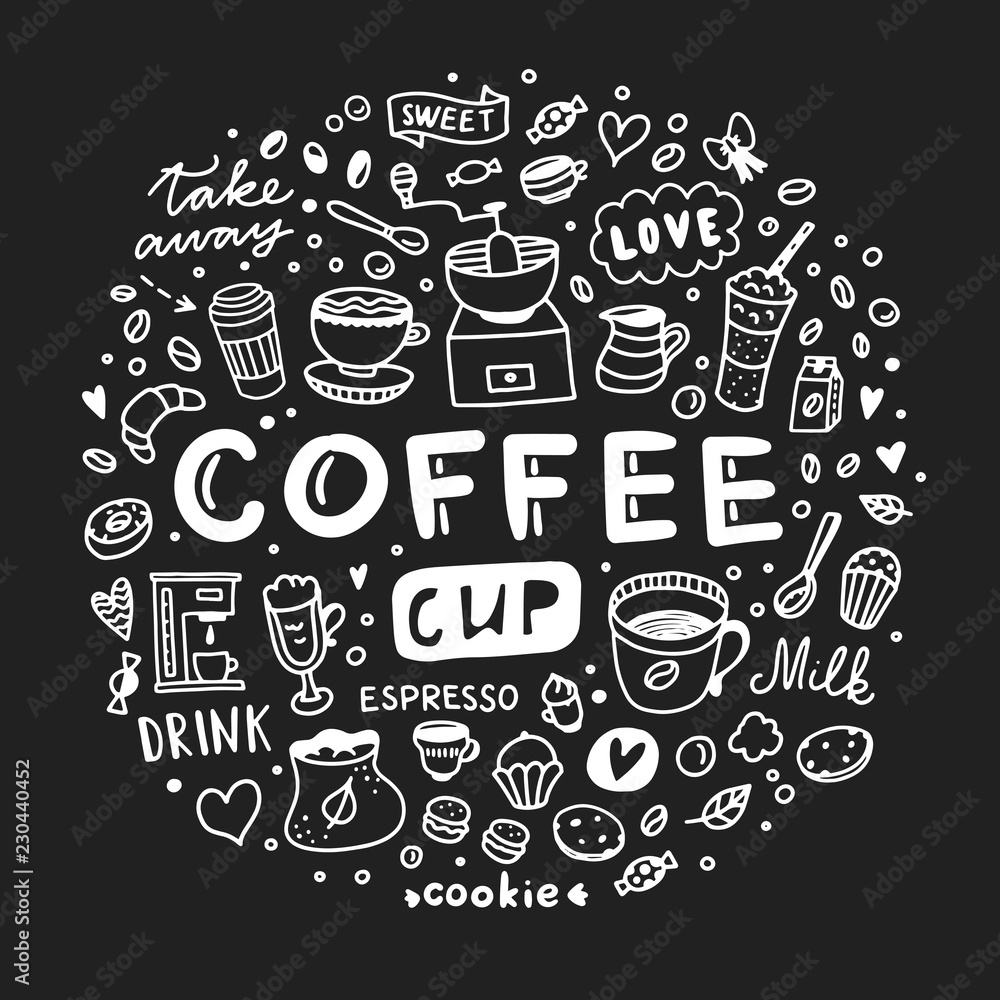 Coffee doodle illustration round concept. Cute coffee, sweet desserts and cafe elements on dark background