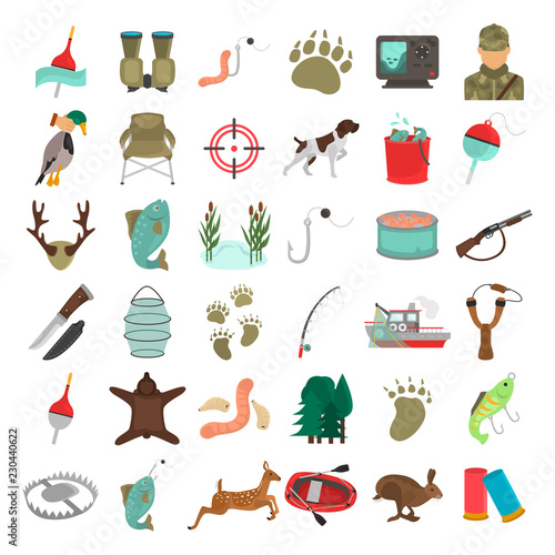 Hunting and fishing color vector icons set. Flat design
