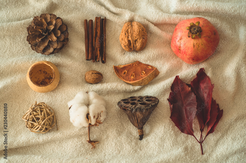 Beautiful autumn seasonal background. Autumn assortment pine cone cotton, mandarin, walnut, cinnamon, leaves, physilis pomegranate Beautiful autumn seasonal background. Autumn assortment pine cone cotton, mandarin, walnut, cinnamon, leaves, physilis pomegranate