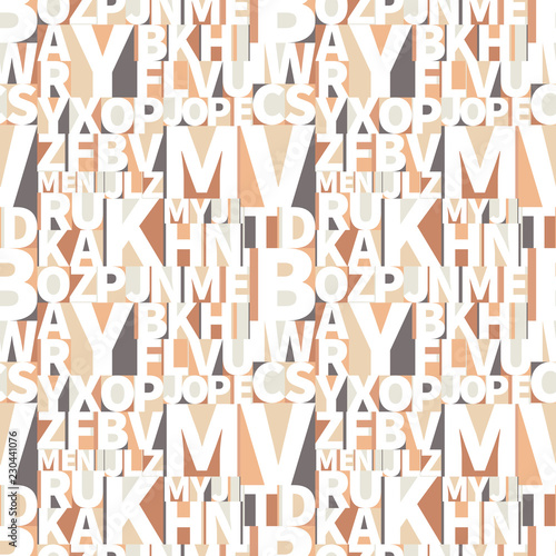 A lot of minimalist geometric art-deco letters in soft retro colours, seamless pattern