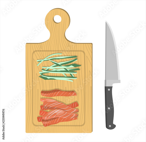 Cutting food on the wooden board with sharp knife