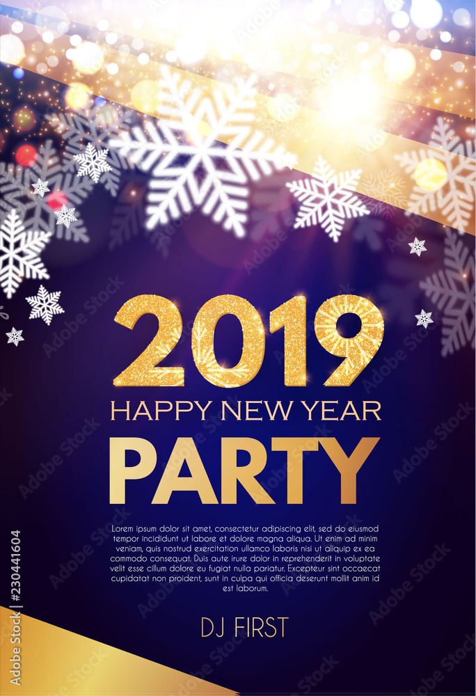 Happy New 2019 Year Party Poster Template with Fireworks Light Effects, Snowflakes and Place for Text.