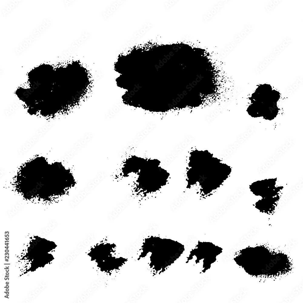 Vector set of splash stains texture banners. Black and white abstract vector illustration.