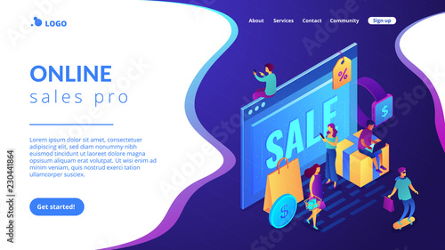 Online sales pro concept Isometric 3D landing page.