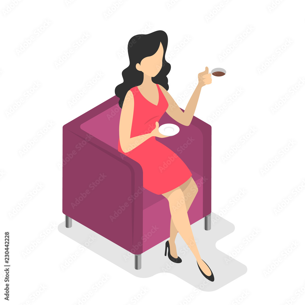 Young female character sitting in armchair and drink coffee Young female character sitting in armchair and drink coffee