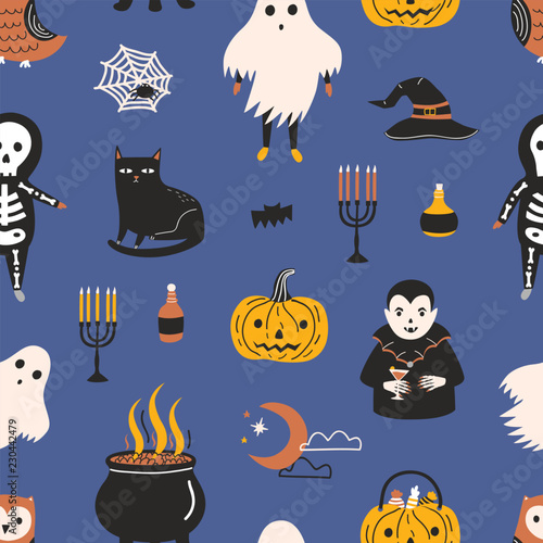 Holiday seamless pattern with funny scary magic characters and items on dark ...