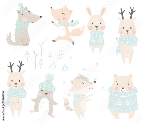 Wolf, fox, bunny, bear, raccoon, reindeer, penguin baby winter set. Cute christmas animal in warm sweater, scarf.