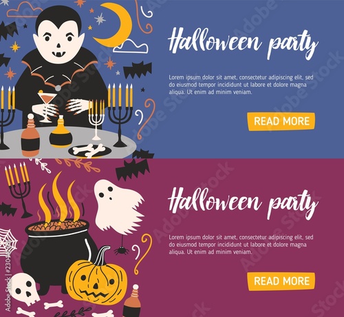 Bundle of horizontal web banner templates with vampire drinking blood from glass and other evil creatures. Colorful vector illustration in flat cartoon style for Halloween party announcement, promo.