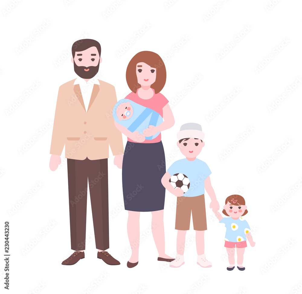 Large family portrait. Mother holding newborn baby, father, and children standing together. Adorable cartoon characters isolated on white background. Colorful vector illustration in flat style.