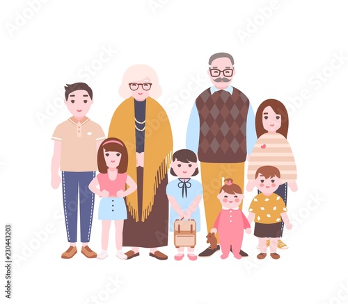 Family portrait. Grandparents and grandchildren standing together. Grandmother, grandfather, grandsons and granddaughters isolated on white background. Cartoon vector illustration in flat style.