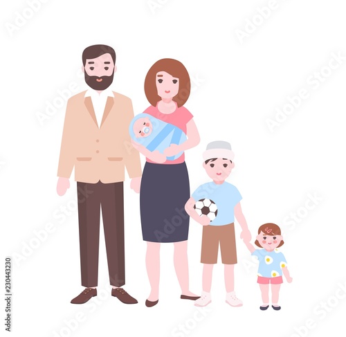 Large family portrait. Mother holding newborn baby, father, and children stan...