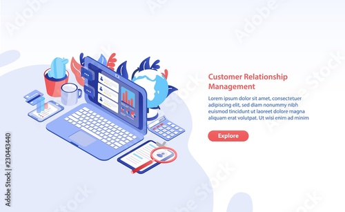 Horizontal web banner template with laptop, tablet pc and smartphone on table and place for text. Customer relationship management, service feedback, audience retention analysis. Vector illustration.