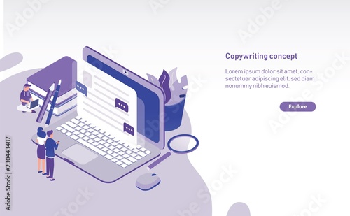 Creative horizontal web banner template with tiny managers standing in front of large computer and looking at text displaying on screen. Copywriting, website content management. Vector illustration.