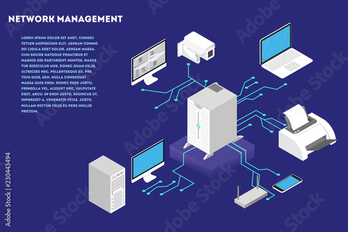 Network management concept. Computer server and cloud database