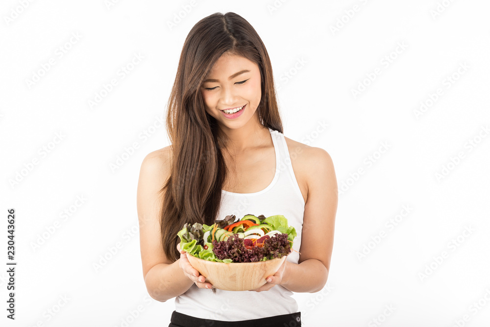 Beautiful Attractive Asian woman with long hair smile with fresh vegetable salad for healthy skin feeling so happiness and cheerful,Isolated on white background,Beauty Concept Beautiful Attractive Asian woman with long hair smile with fresh vegetable salad for healthy skin feeling so happiness and cheerful,Isolated on white background,Beauty Concept