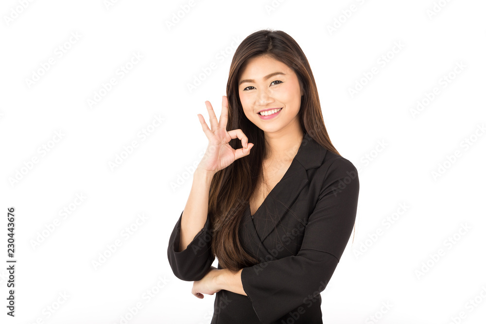 Beautiful Attractive Business Asian women showing hand sign okay feeling so happiness and confident with copy space