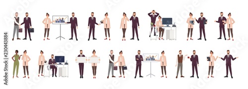 Bundle of male and female office workers, clerks or managers talking to each other, negotiating, discussing work issues, shaking hands, brainstorming. Vector illustration in flat cartoon style.