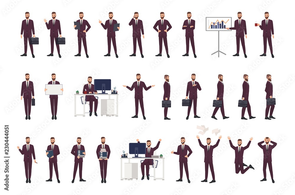 Male office worker, clerk or manager wearing business suit in various positions, moods and situations. Flat cartoon character isolated on white background. Modern colorful vector illustration.