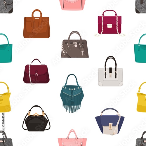 Trendy seamless pattern with stylish women's bags or handbags of different models on white background. Backdrop with fashionable leather accessories. Vector illustration for textile print, wallpaper.