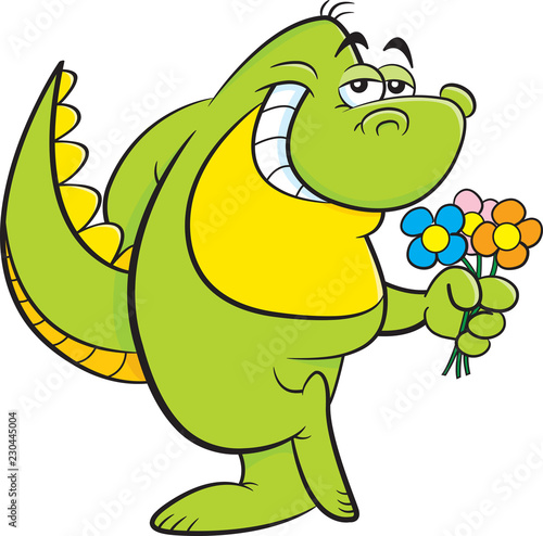 Cartoon illustration of a dinosaur holding flowers.