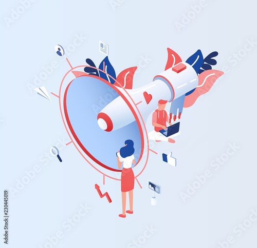Big electronic megaphone or bullhorn, tiny people, managers or clerks and place for text. Internet advertising and social media marketing or SMM. Colored modern isometric vector illustration.