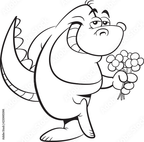 Black and white illustration of a dinosaur holding flowers.