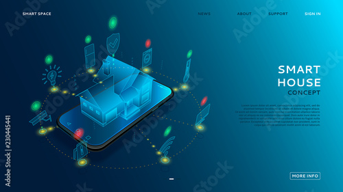 Concept of smart house with IoT. Digital hologram of smart home on the screen of smartphone. Vector illustration with wireless connections of electronics devices.