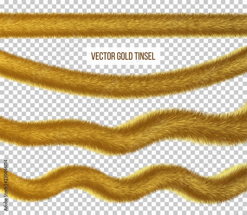 Set of golden fluffy tinsel for decorate, realistic Christmas garland element. Vector illustration