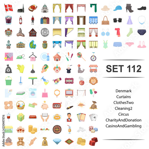 Vector illustration of denmark, curtain, clothes, cleaning, circus, charity donation casino gambling icon set.