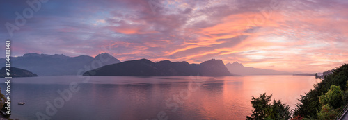 Panoramic view Sunset over the mountains and lake. Switzerland. Weggis