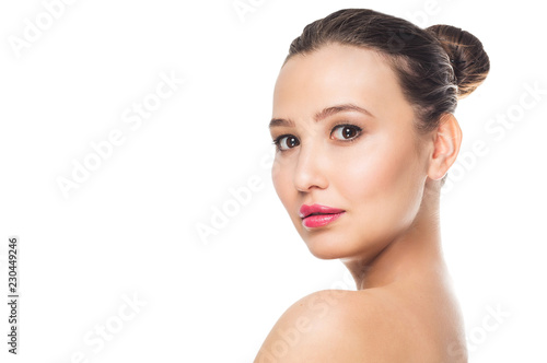 Portrait of beautiful young smiling woman on white isolate background. Spa, care, clean face and skin
