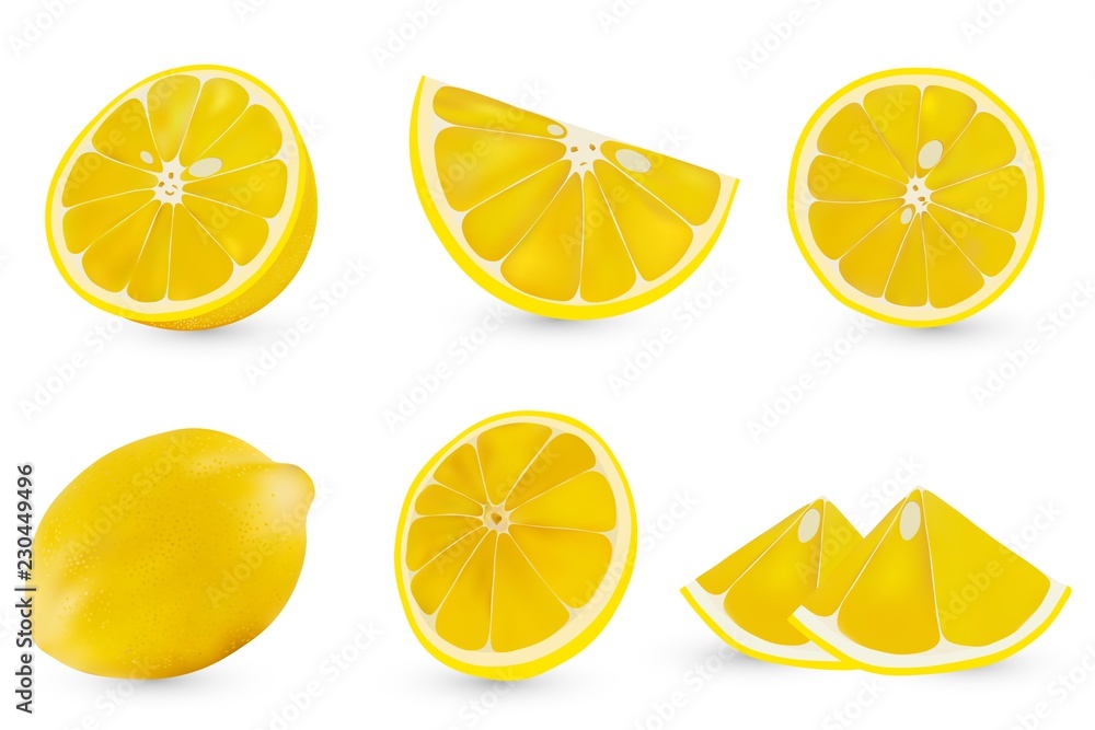 Vector 3d realistic sliced lemon. Isolated sliced lemon on white backgrpund. Citrus halves.