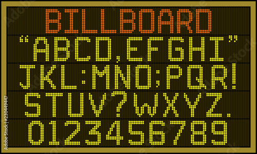 Billboard font - Retro LCD billboard with upper case alphabets, numerals and punctuation characters in round pixel font.